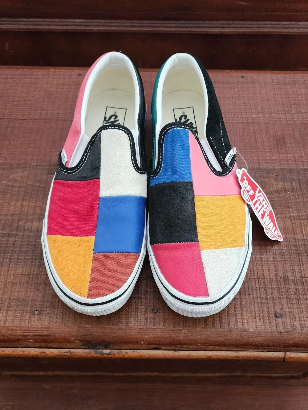 Vans Classic Slip-On Patchwork Sneakers in Red, Blue, Pink, Yellow, Black, Cream